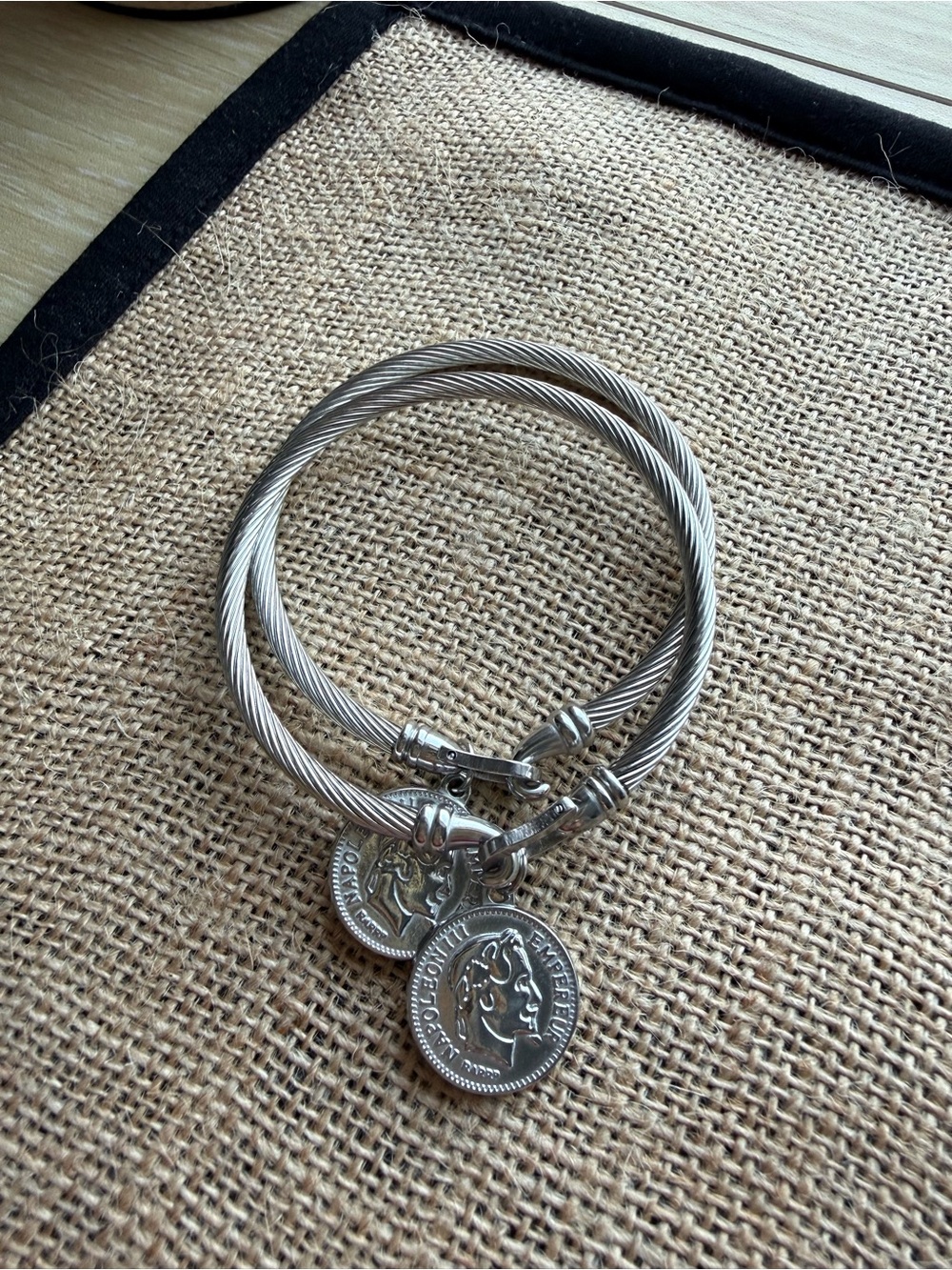 Silver-Tone Cable Wire Bracelet with Coin Charms